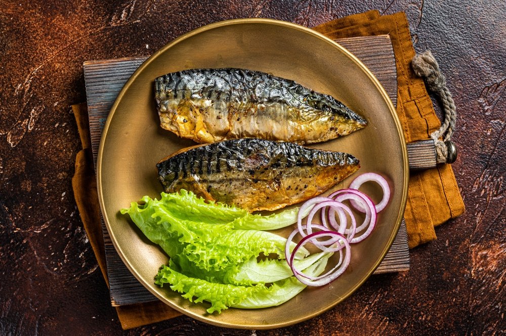 Grilled,Mackerel,Scomber,Fish,Fillets,With,Garnish,In,A,Plate. Mackerel rich in nutrients